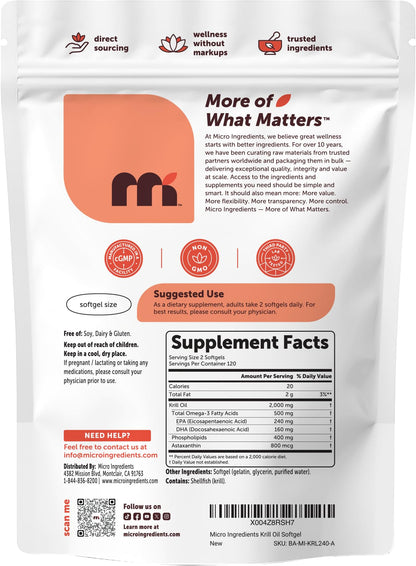 Micro Ingredients Antarctic Krill Oil Supplement 2,000mg Per Serving, 240 Softgels | Omega-3 EPA & DHA with Phospholipids & Natural Astaxanthin | No Fishy Aftertaste | Non-GMO, Gluten Free - PrimeBioHealth - canada supplements