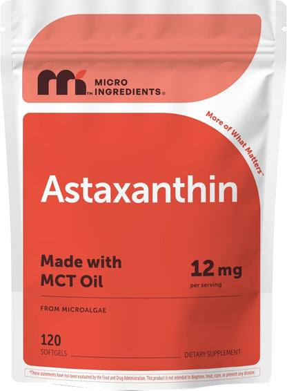 Micro Ingredients Astaxanthin 12mg with MCT Oil, 120 Softgels, 4 Month Supply | Premium Astaxanthin Antioxidant Supplements* | Fresh Microalgae Source | Triple Strength, Non-GMO, Gluten Free, No Soy - PrimeBioHealth - canada supplements