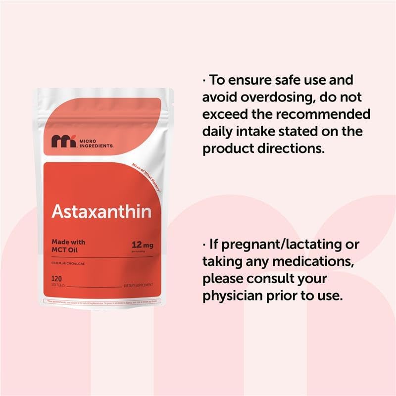 Micro Ingredients Astaxanthin 12mg with MCT Oil, 120 Softgels, 4 Month Supply | Premium Astaxanthin Antioxidant Supplements* | Fresh Microalgae Source | Triple Strength, Non-GMO, Gluten Free, No Soy - PrimeBioHealth - canada supplements