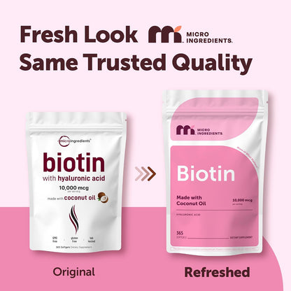 Micro Ingredients Biotin 10,000 mcg with Hyaluronic Acid 25 mg Per Serving | Made with Coconut Oil | 365 Softgels | 1 Per Day | One Year Supply | Non-GMO & Gluten Free - PrimeBioHealth - canada supplements