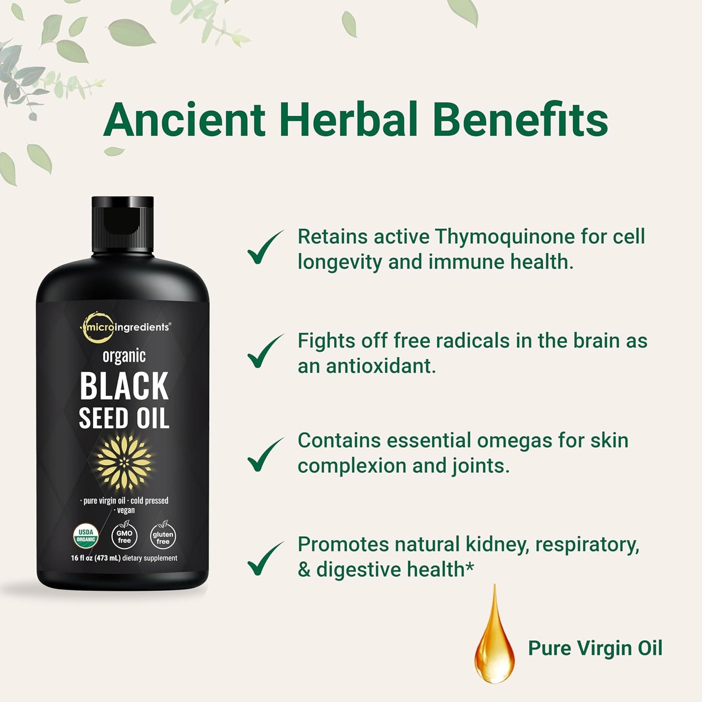 Micro Ingredients Black Seed Oil Organic Cold Pressed, 16 fl oz | Rich in Thymoquinone & Omega 3 6 9 | Unrefined from Nigella Sativa Seeds | Immune, Hair & Skin Support* | Non-GMO - 3 Months Supply - PrimeBioHealth - canada supplements