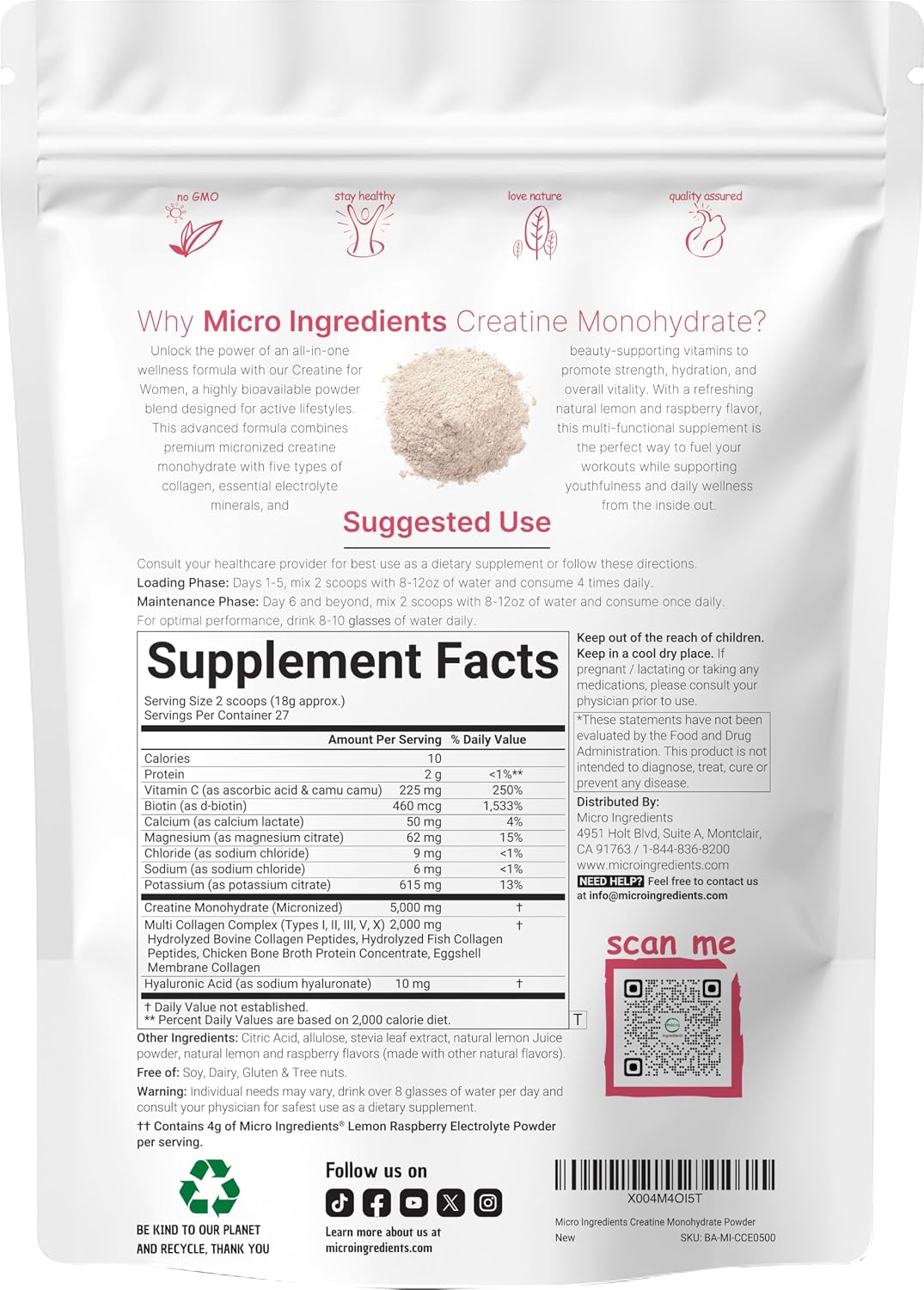 Micro Ingredients Creatine + Electrolytes + Multi Collagen for Women | 5,000mg Micronized Creatine Monohydrate Powder Complex | Creatine Hydration Drink Mix | Lemon Raspberry | Sugar-Free, Non-GMO - PrimeBioHealth - canada supplements
