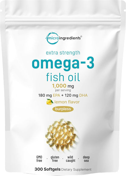 Micro Ingredients Extra Strength* Omega-3 Fish Oil Supplements 1,000mg Per Serving, 300 Softgels | Lemon Flavored | Burpless | EPA 180mg + DHA 120mg | Deep Sea Fish - PrimeBioHealth - canada supplements