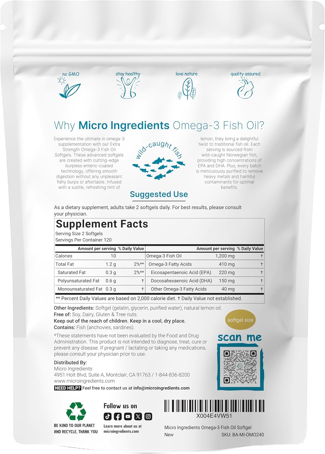 Micro Ingredients Extra Strength Omega 3 Fish Oil Supplements 1,200mg Per Serving, 240 Softgels | Lemon Flavored | Burpless | Essential Fatty Acids | EPA 220mg + DHA 150mg | Deep Sea Fish - PrimeBioHealth - canada supplements