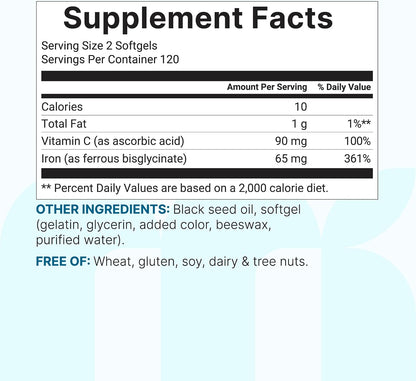 Micro Ingredients Ferrous Iron Bisglycinate 65 mg, 240 Softgels | Chelated Iron Supplement for Women & Men | Supports Red Blood Cell Production* | with Vitamin C & Black Seed Oil | Non-GMO - PrimeBioHealth - canada supplements