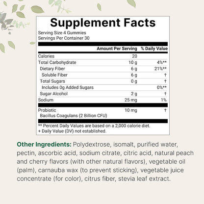 Micro Ingredients Fiber Gummies with Probiotics, 120 Count | 6g Per Serving + 2 Billion CFU | Sugar Free Peach Cherry Flavor | High Fiber Supplement for Women & Men | Non-GMO, Gluten Free - PrimeBioHealth - canada supplements