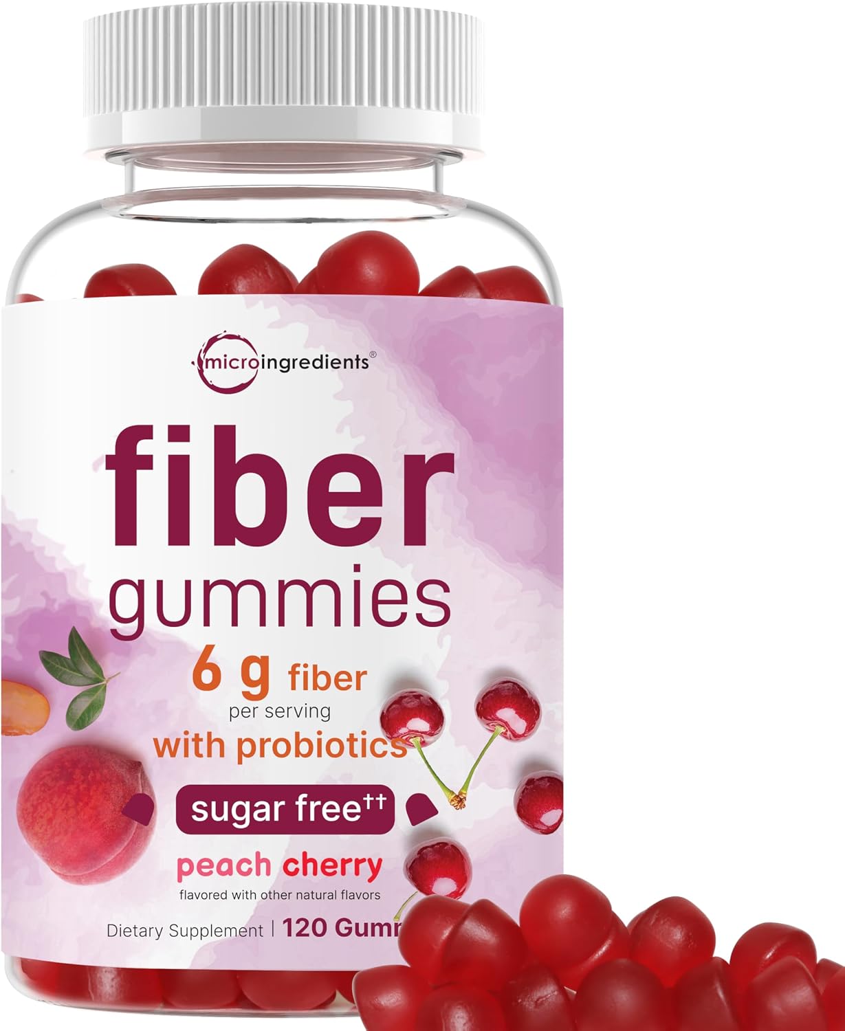 Micro Ingredients Fiber Gummies with Probiotics, 120 Count | 6g Per Serving + 2 Billion CFU | Sugar Free Peach Cherry Flavor | High Fiber Supplement for Women & Men | Non-GMO, Gluten Free - PrimeBioHealth - canada supplements