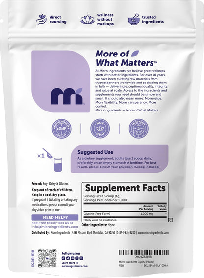 Micro Ingredients Glycine Powder, 1KG (2.2 Pounds), Glycine 1000mg Per Serving, Water Soluble and Product of USA - PrimeBioHealth - canada supplements