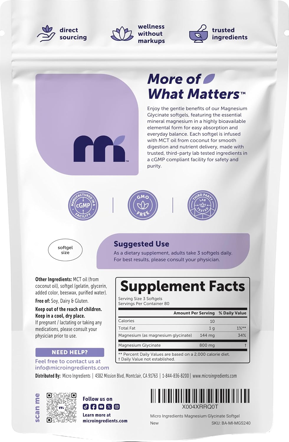 Micro Ingredients Magnesium Glycinate 800 mg Per Serving, 240 Softgels | Chelated Magnesium Supplement with MCT Oil | Non-GMO, Gluten Free, No Soy - PrimeBioHealth - canada supplements