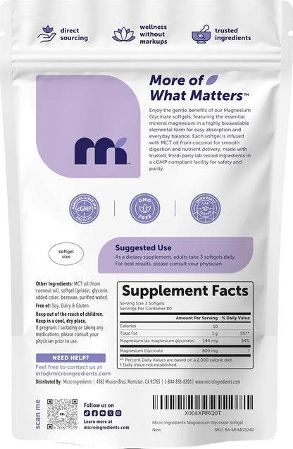 Micro Ingredients Magnesium Glycinate 800 mg Per Serving, 240 Softgels | Chelated Magnesium Supplement with MCT Oil | Non-GMO, Gluten Free, No Soy - PrimeBioHealth - canada supplements