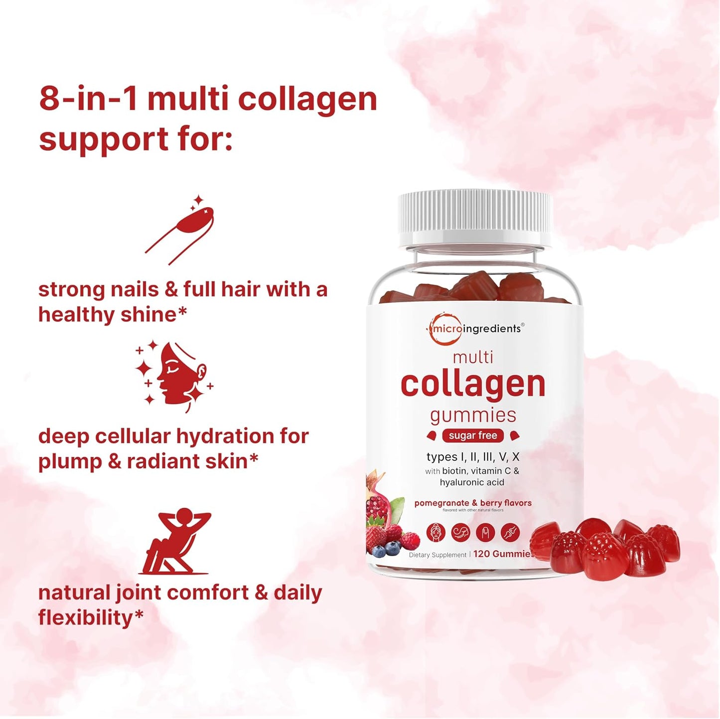 Micro Ingredients Multi Collagen Peptides, 120 Collagen Gummies | Type I,II,III,V,X Protein with Biotin, Hyaluronic Acid, & Vitamin C Complex | Pomegranate & Berry Flavored | Sugar Free, Non-GMO - PrimeBioHealth - canada supplements