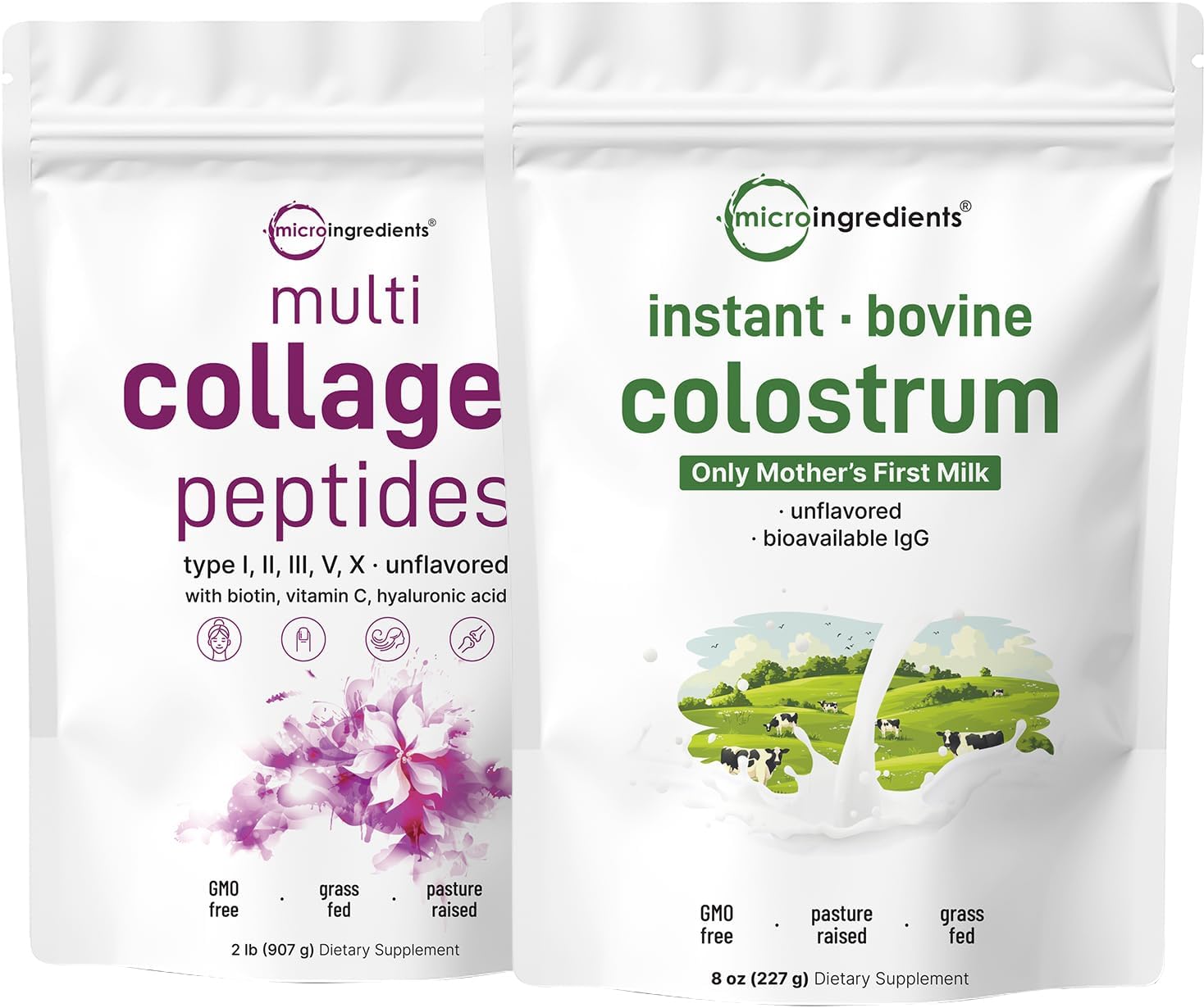 Micro Ingredients Multi Collagen Protein Powder 2 Pounds & Instant Colostrum Powder Bundle 2 Pack | Grass-Fed Collagen Peptides | Premium Bovine Mother’s First Milk - PrimeBioHealth - canada supplements