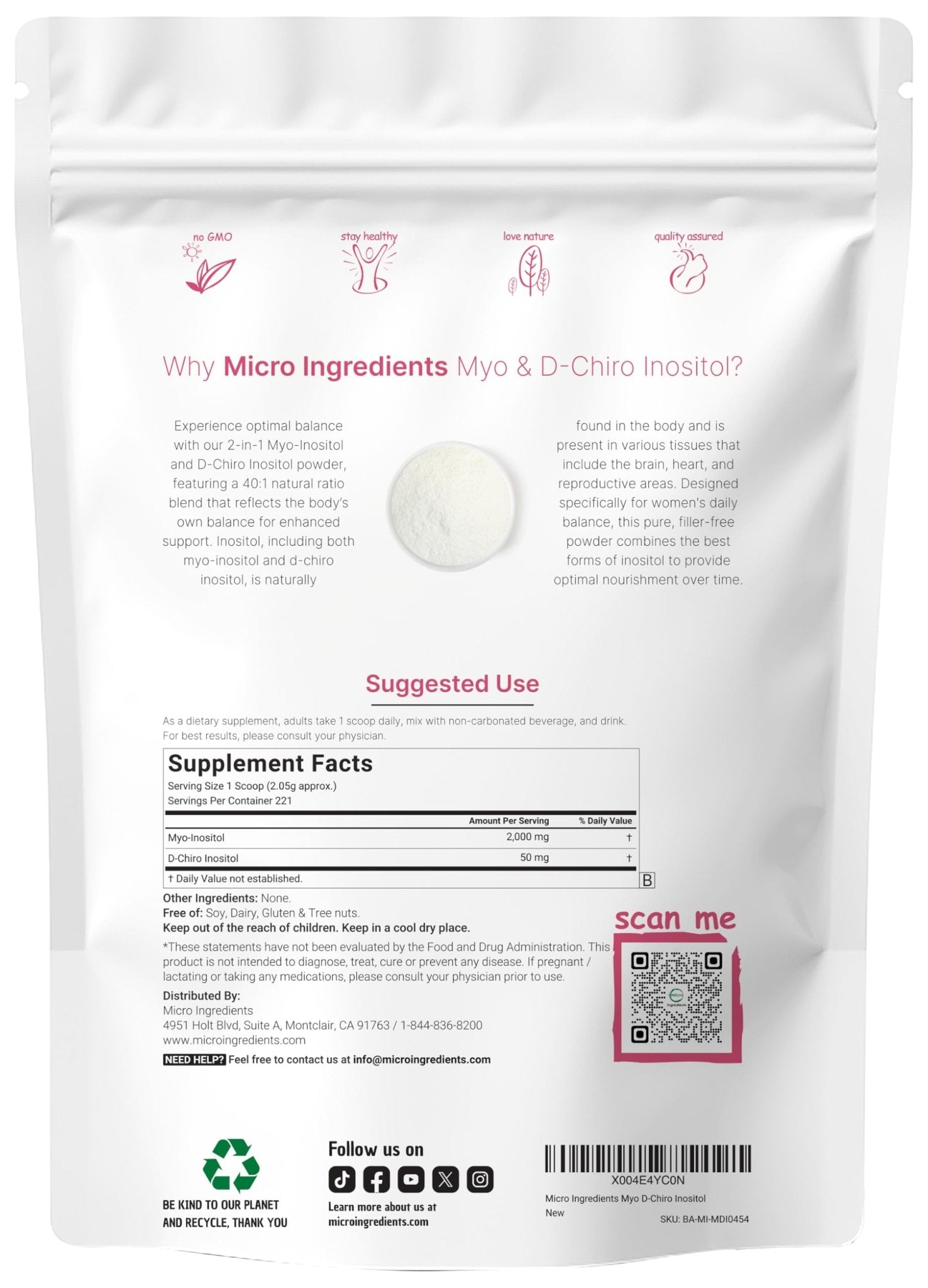 Micro Ingredients Myo-Inositol & D-Chiro Inositol Powder, 1lb (221 Servings) | 40:1 Ideal Ratio Inositol Supplement for Women | Supports Hormonal Balance - PrimeBioHealth - canada supplements