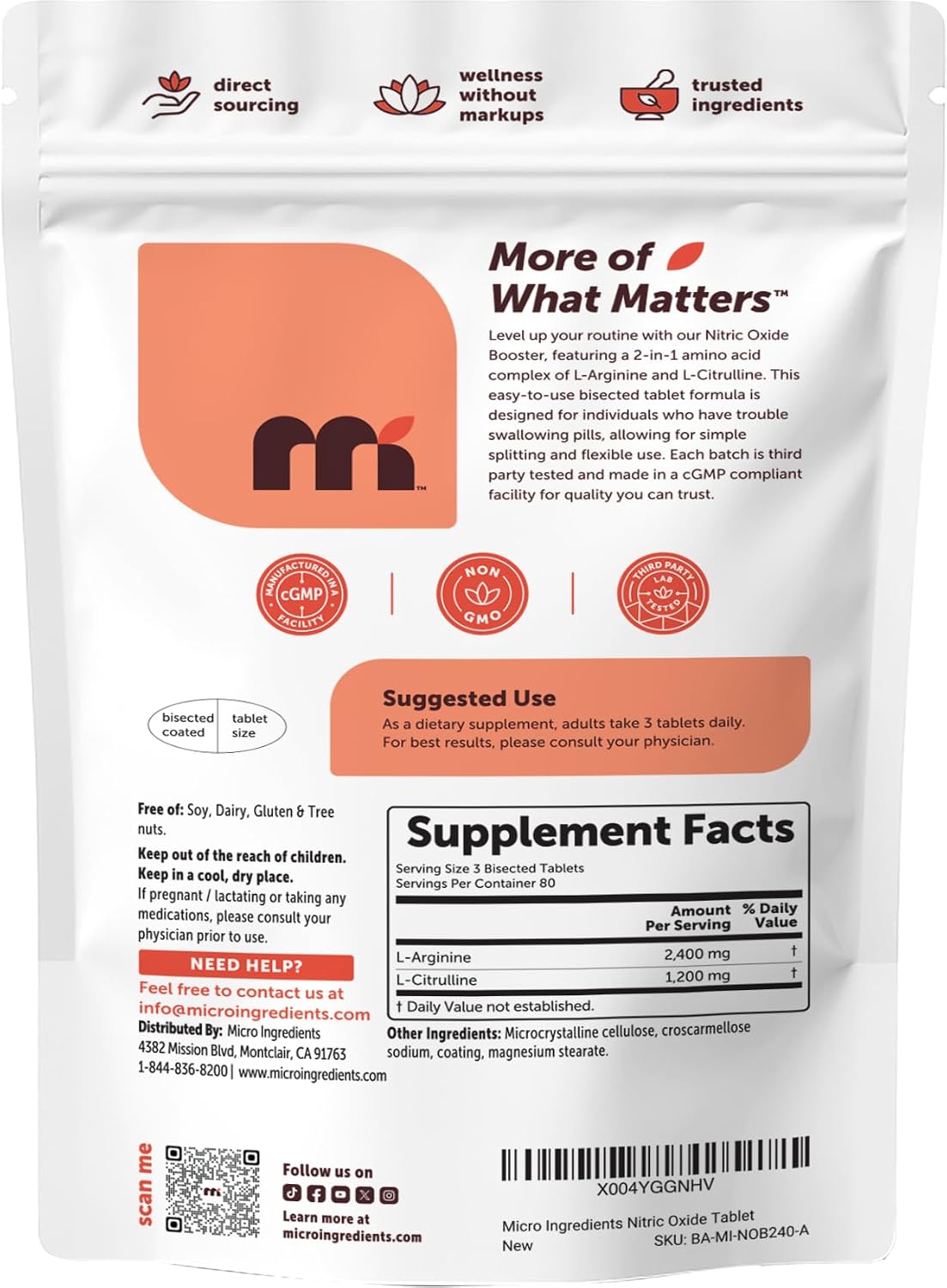 Micro Ingredients Nitric Oxide Supplement for Men & Women 3,600mg Per Serving, 240 Bisected Tablets | L-Arginine + L-Citrulline Amino Acid Complex | Pre-Workout, Caffeine-Free | Non-GMO, Gluten Free - PrimeBioHealth - canada supplements