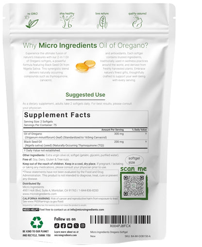 Micro Ingredients Oil of Oregano Softgels, 300 Count | 2 in 1 Formulated with Black Seed Oil | 4X Strength Carvacrol & Thymoquinone | Plant Based, Non-GMO - PrimeBioHealth - canada supplements