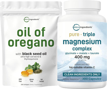 Micro Ingredients Oil of Oregano Softgels & Pure Triple Magnesium Complex 400mg Capsules | 2 Pack Bundle | 4X Strength Thymoquinone with Black Seed | Glycinate, Malate, & Taurate Forms - PrimeBioHealth - canada supplements