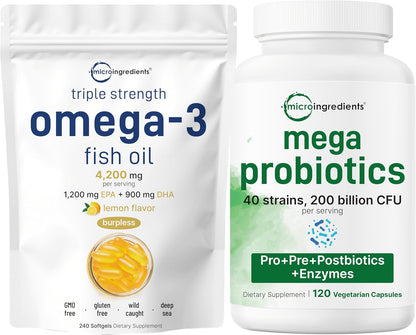 Micro Ingredients Omega-3 Fish Oil 4,200mg Softgels & Mega Probiotics 200 Billion CFU Veggie Capsules | 2 Pack Bundle | Wild-Caught, Burpless, Lemon Flavor | 40 Strains + Inulin, Acacia, & Bromelai - PrimeBioHealth - canada supplements