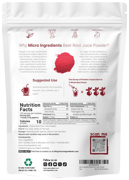 Micro Ingredients Organic Beet Root Juice Powder, 1 Pound | Cold Pressed, Water Soluble, High Concentrated Raw Beet Supplement | Superfood Drink Mix - PrimeBioHealth - canada supplements