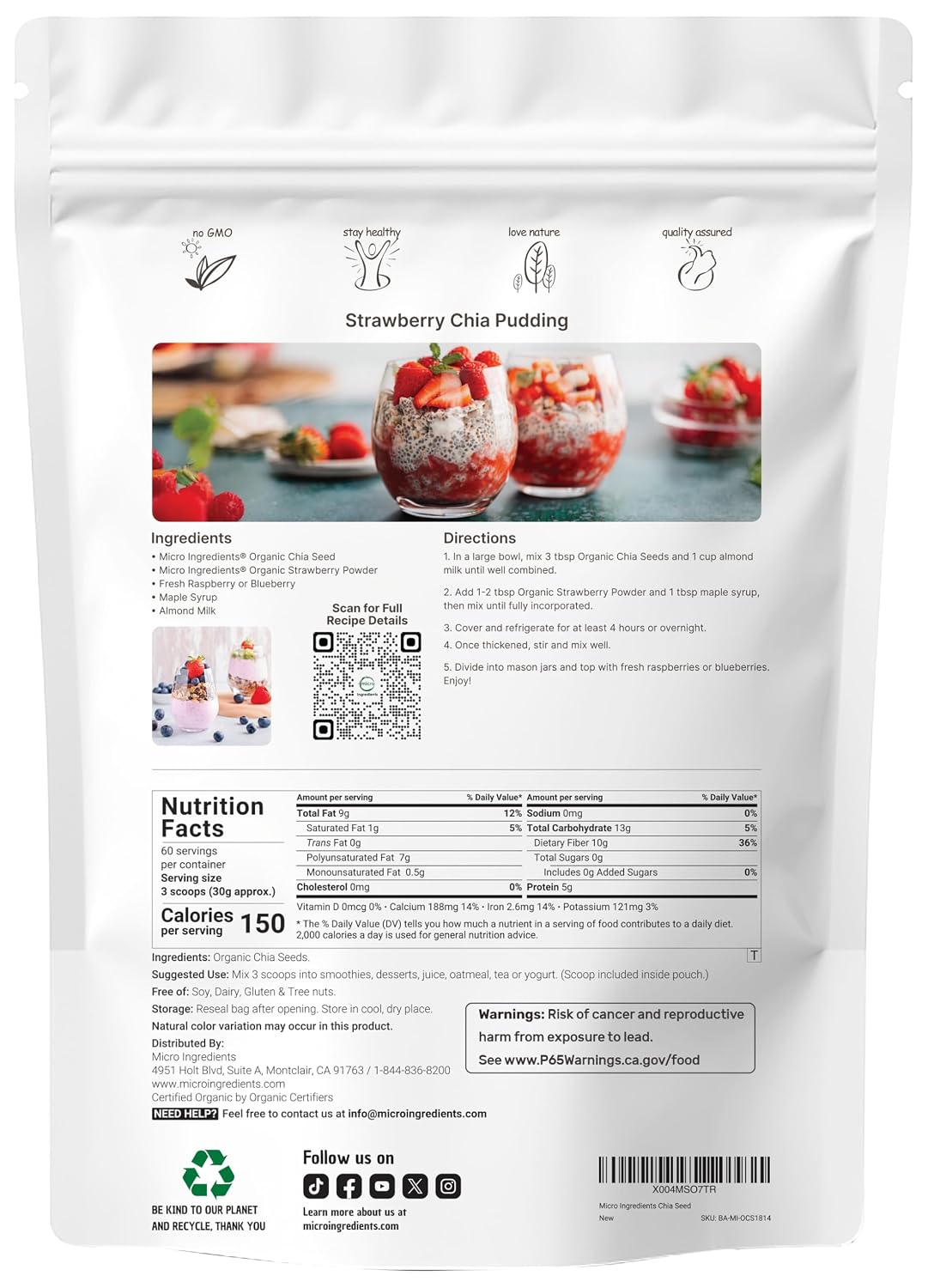 Micro Ingredients Organic Chia Seeds, 4lbs | Contains Omega-3s | Non-GMO | Excellent Source of Fiber | Plant Based Protein | Raw Chia Seed Source | Great for Baking, Smoothies & Pudding | Gluten Free - PrimeBioHealth - canada supplements