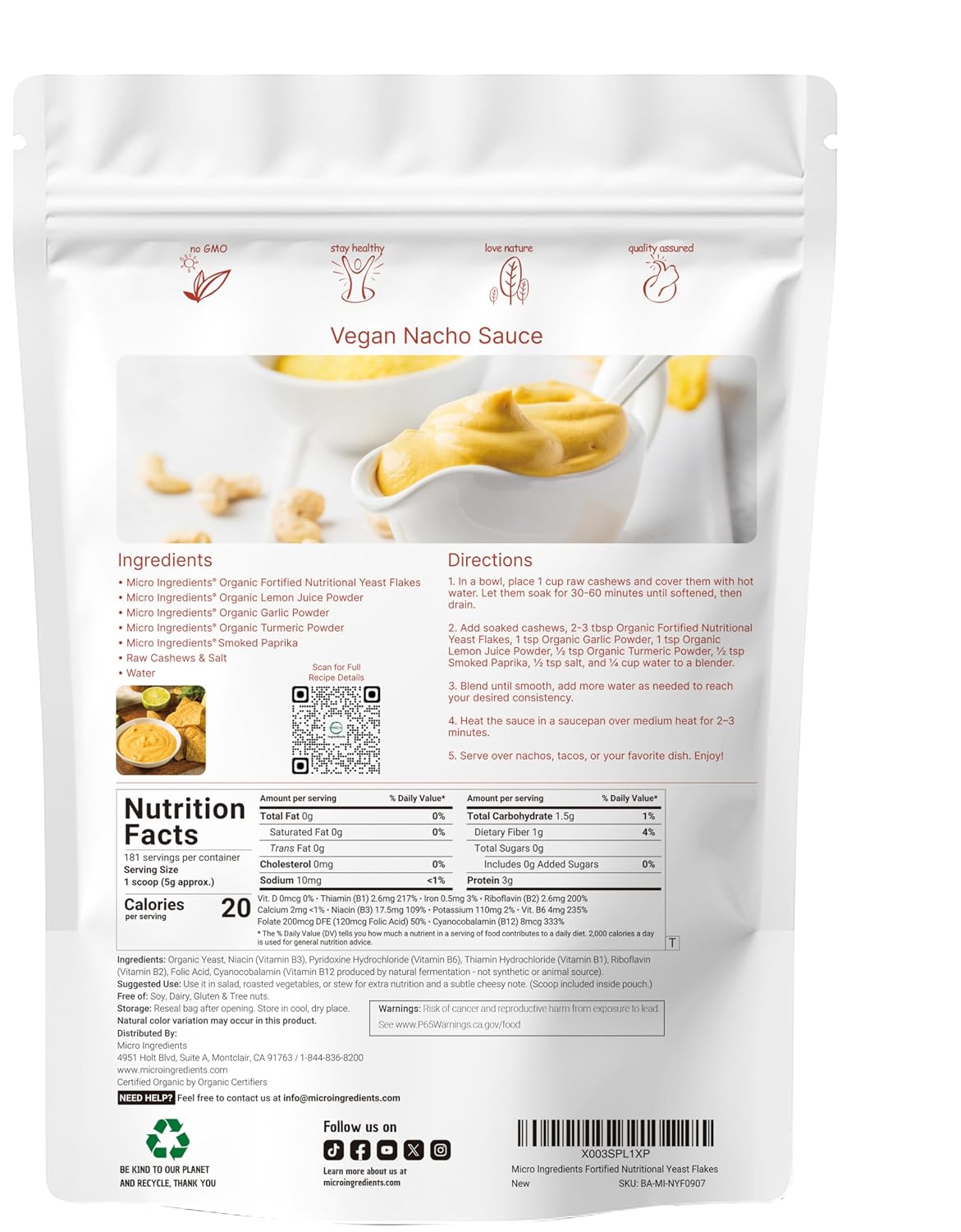 Micro Ingredients Organic Fortified Nutritional Yeast Flakes, 2lb (32oz) | Rich in Vegan Protein, B Vitamins, & Beta-Glucans | Keto Friendly, Dairy Free Cheese Substitute, Non-GMO, Gluten Free - PrimeBioHealth - canada supplements
