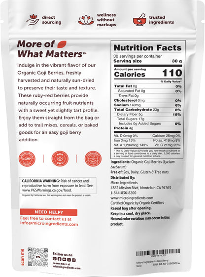 Micro Ingredients Organic Goji Berries 2lbs (32oz) | Large Whole Sun-Dried Berries | Raw Wolfberries | Natural Flavor for Trail Mix, Juice, & Tea | Sulfate Free, Vegan Friendly, Non-GMO - PrimeBioHealth - canada supplements