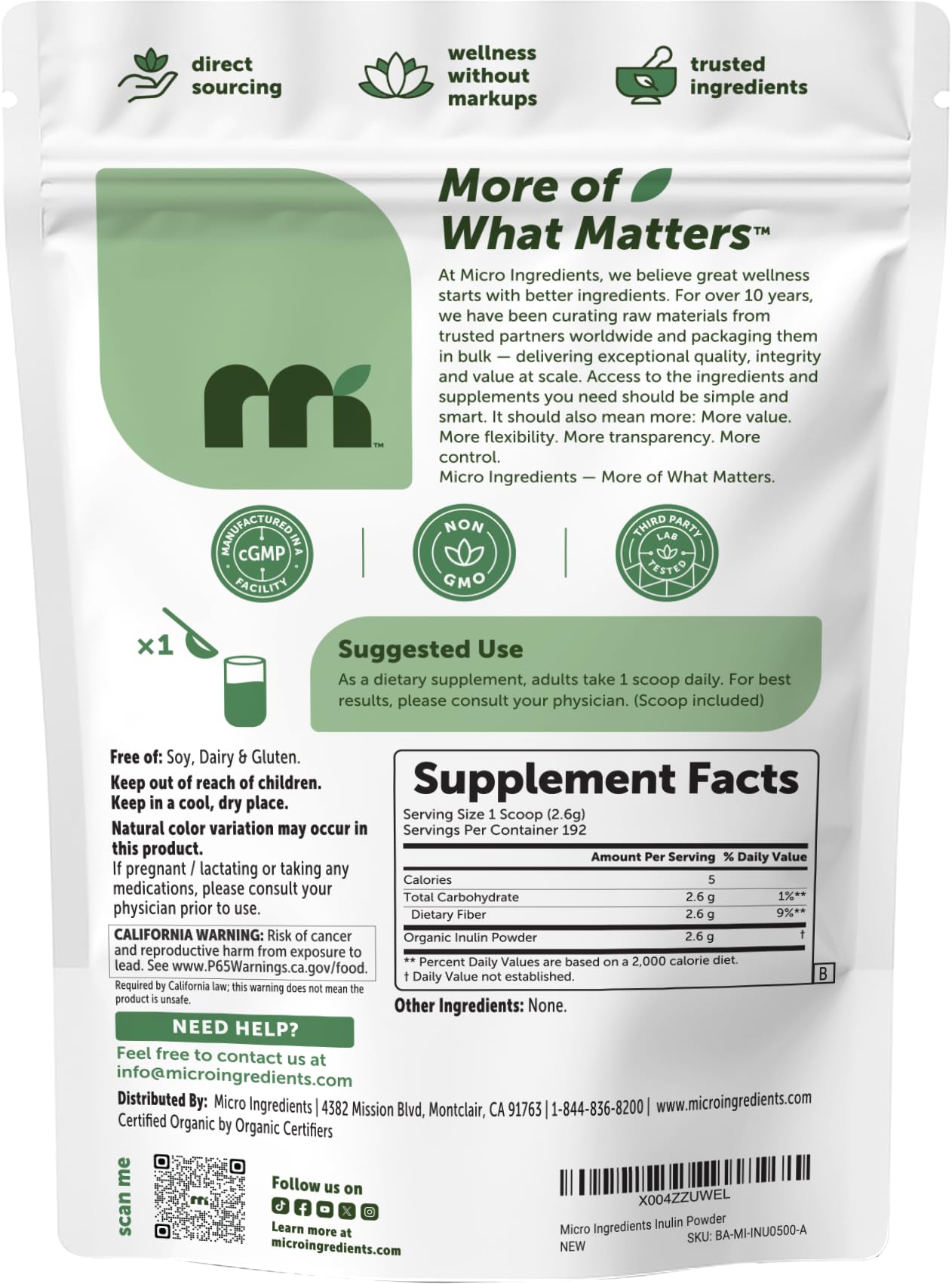 Micro Ingredients Organic Inulin FOS Fiber Powder, 2.2 lbs | Quick Water-Soluble Prebiotic | Natural Fiber for Smoothies & Drinks | Vegan Friendly, Dissolves Clear - PrimeBioHealth - canada supplements