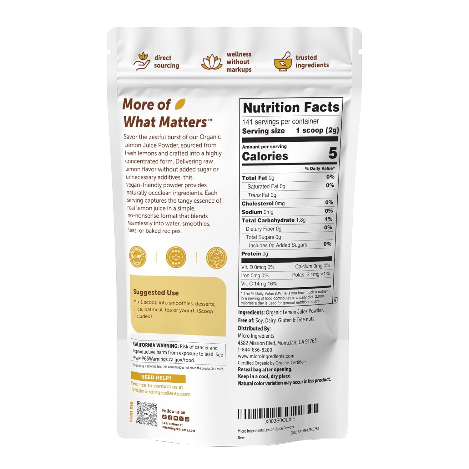 Micro Ingredients Organic Lemon Juice Powder, 10 Ounce | Natural Fruit Flavor | Made from Real Lemon | No Sugar & Additives | Great for Drinks, Smoothie & Beverages | Non-Gmo & Vegan Friendly - PrimeBioHealth - canada supplements