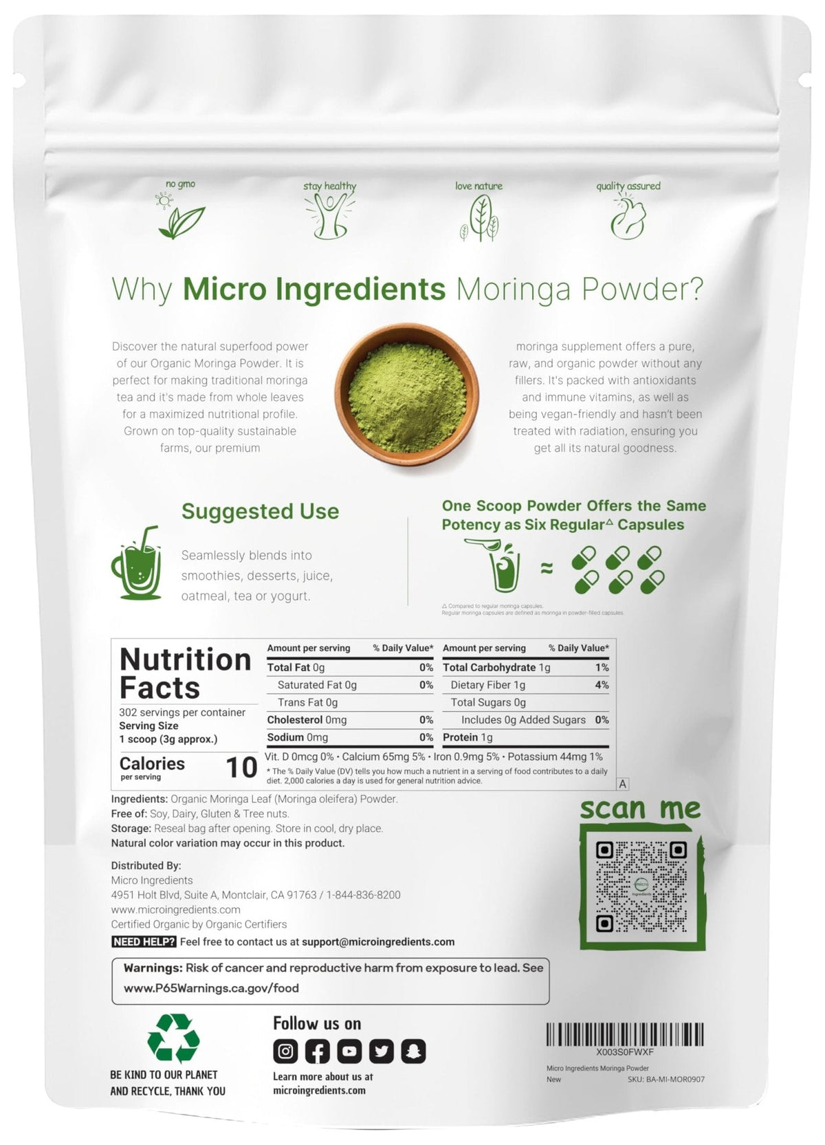 Micro Ingredients Organic Moringa Oleifera Leaf Powder, 2 Pound | Rich in Antioxidants & Immune Vitamins | Pure Leaves Without Stems | - PrimeBioHealth - canada supplements