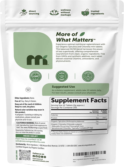 Micro Ingredients Organic Spirulina Chlorella Mini Tablets, 2,500 Tablets (8 Month Supply) | 50/50 Algae Blend | No Fillers, Non-GMO - PrimeBioHealth - canada supplements