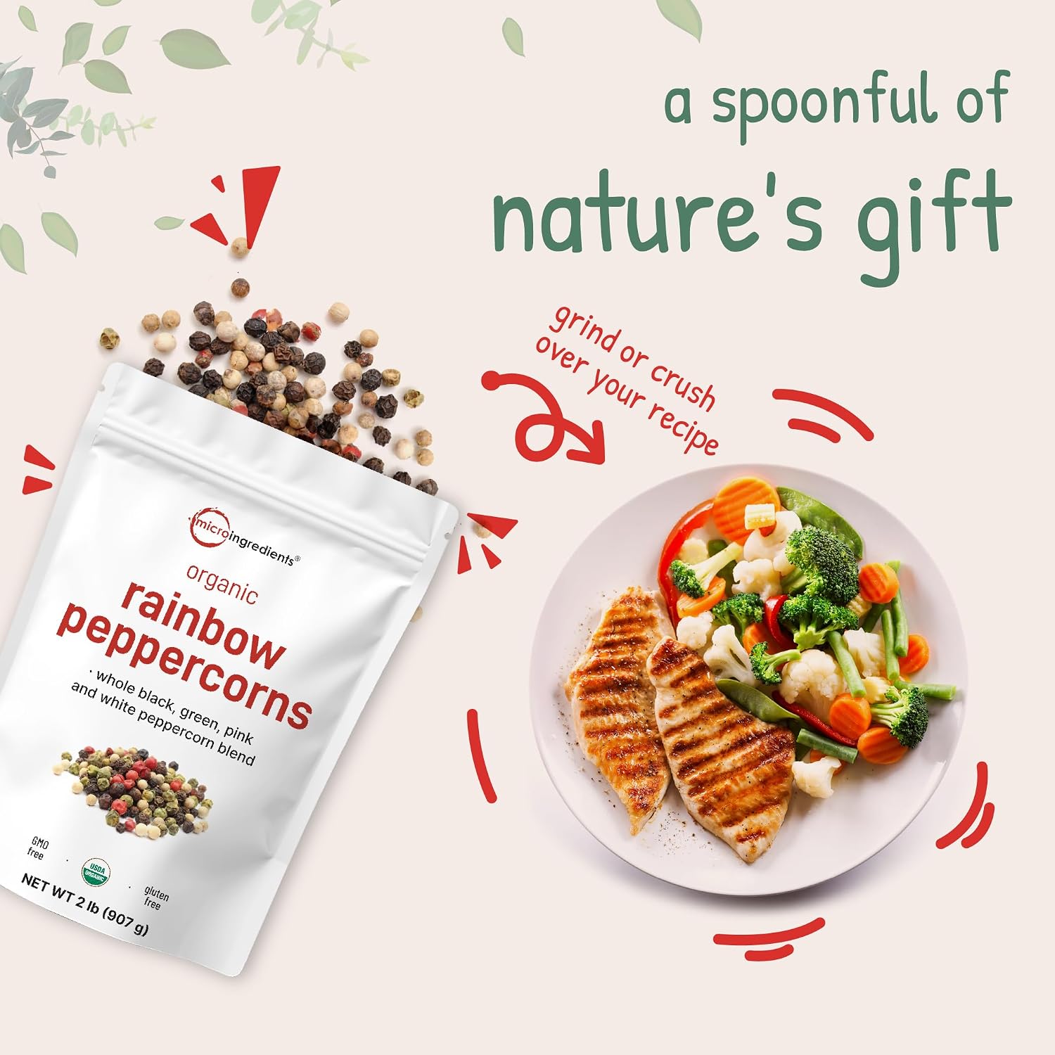 Micro Ingredients Organic Whole Rainbow Peppercorns, 2lbs | Premium Whole Peppercorns for Grinder Refill | Great for Seasonings, Meats & Vegetables | Additive Free, Non-GMO, Bulk Supply - PrimeBioHealth - canada supplements