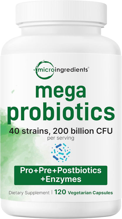 Micro Ingredients Probiotics 200 Billion CFU, 120 Veggie Capsules | Mega Probiotics for Men & Women | 40 Strains with Prebiotics, Postbiotics & Digestive Enzymes | Gut, Immune & Digestive Health - PrimeBioHealth - canada supplements