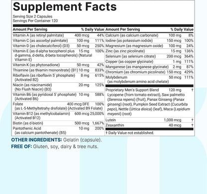 Micro Ingredients Pure Methylated Multivitamin for Men, 240 Capsules | 30 Essential Nutrients with Activated B Complex & Methylfolate + Saw Palmetto, Ginseng, Maca, Lycopene, Vitamin D3 & Zinc - PrimeBioHealth - canada supplements