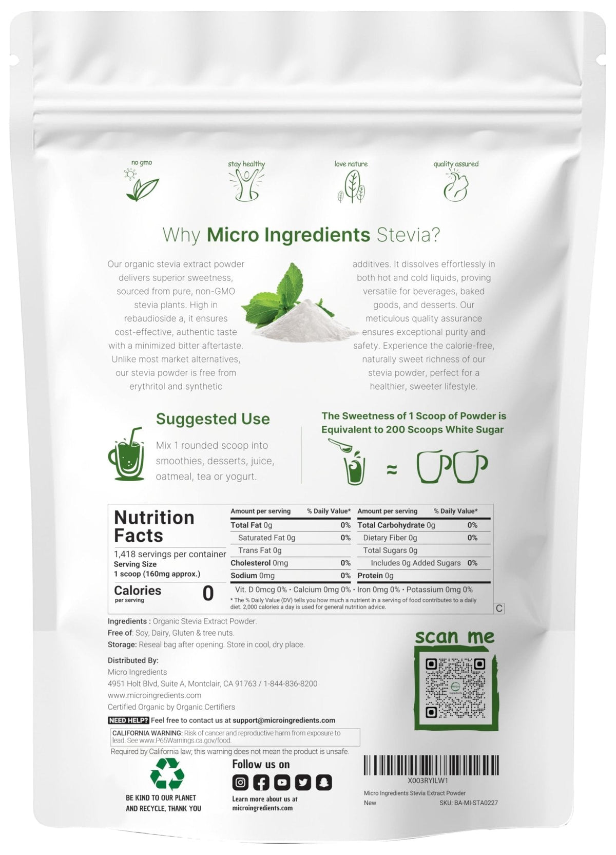 Micro Ingredients Pure Organic Stevia Powder, 8 Ounces, 1418 Serving, Highest Grade Stevia Green Leaf Extract Reb-A, Reduced Bitter Aftertaste, 0 Calorie, Natural Sweetener - PrimeBioHealth - canada supplements