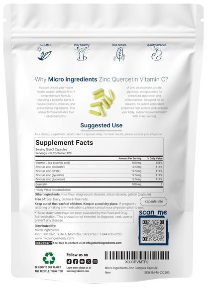 Micro Ingredients Quercetin with Vitamin C and Zinc, 240 Capsules | Quercetin 500mg, Vitamin C 500mg, Zinc 50mg (Picolinate, Citrate, Glycinate, Gluconate) - PrimeBioHealth - canada supplements