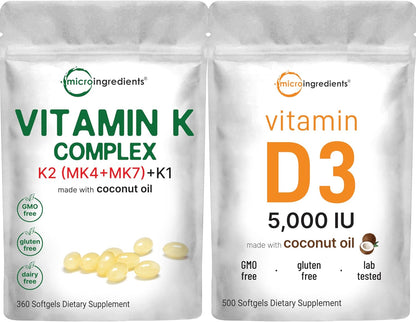 Micro Ingredients Super Vitamin K Complex (K2 MK7 + MK4 & K1) & Vitamin D3 5,000 IU Bundle Pack | Easily Absorbed K Vitamins, Active Menaquinone Complex | Vitamin D as Cholecalciferol - PrimeBioHealth - canada supplements