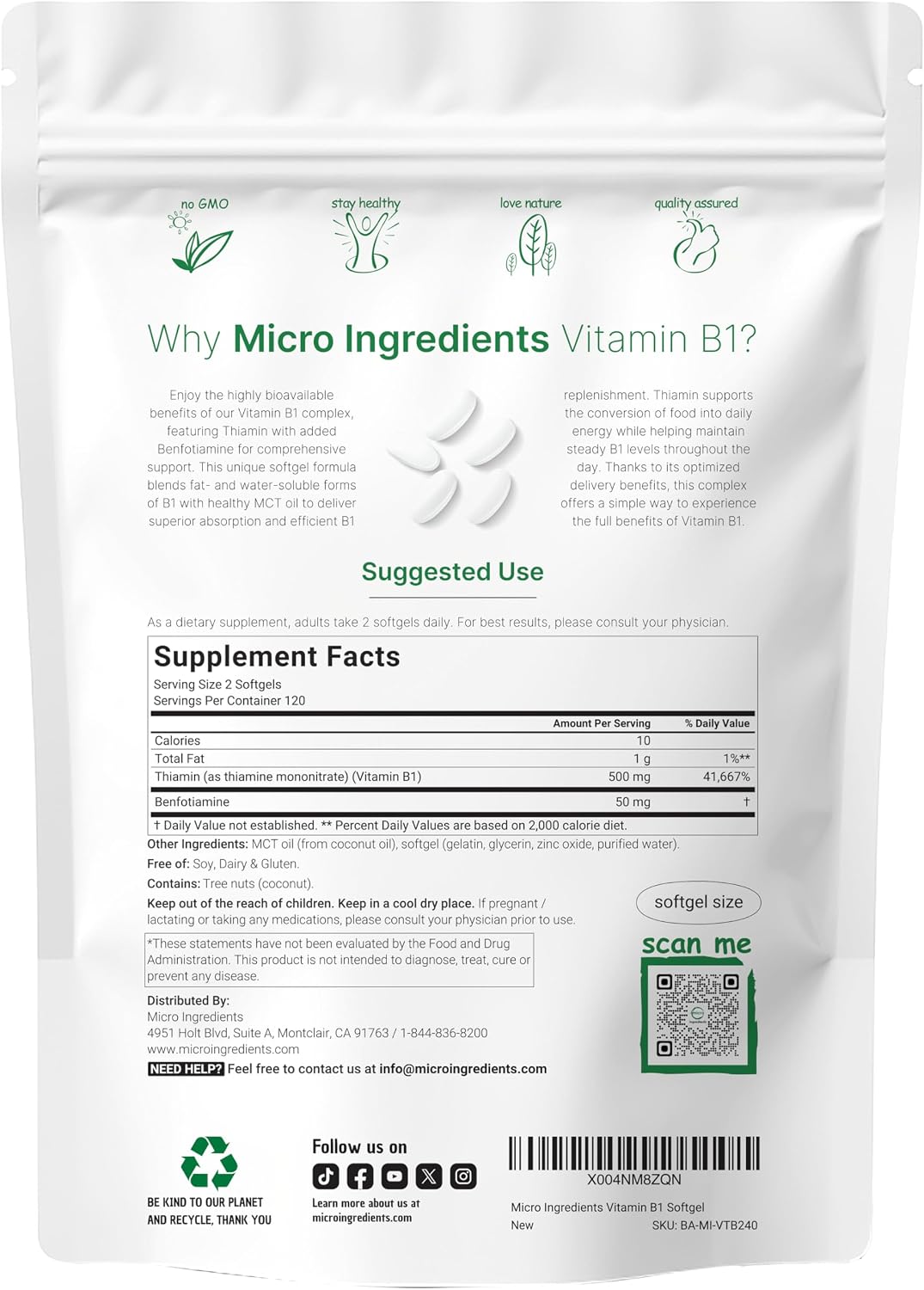 Micro Ingredients Vitamin B1 Thiamine 500mg with Benfotiamine & MCT Oil, 240 Softgels | Highly Bioavailable Thiamine Supplement for Energy & Nervous System Support* | Non-GMO, Soy Free - PrimeBioHealth - canada supplements