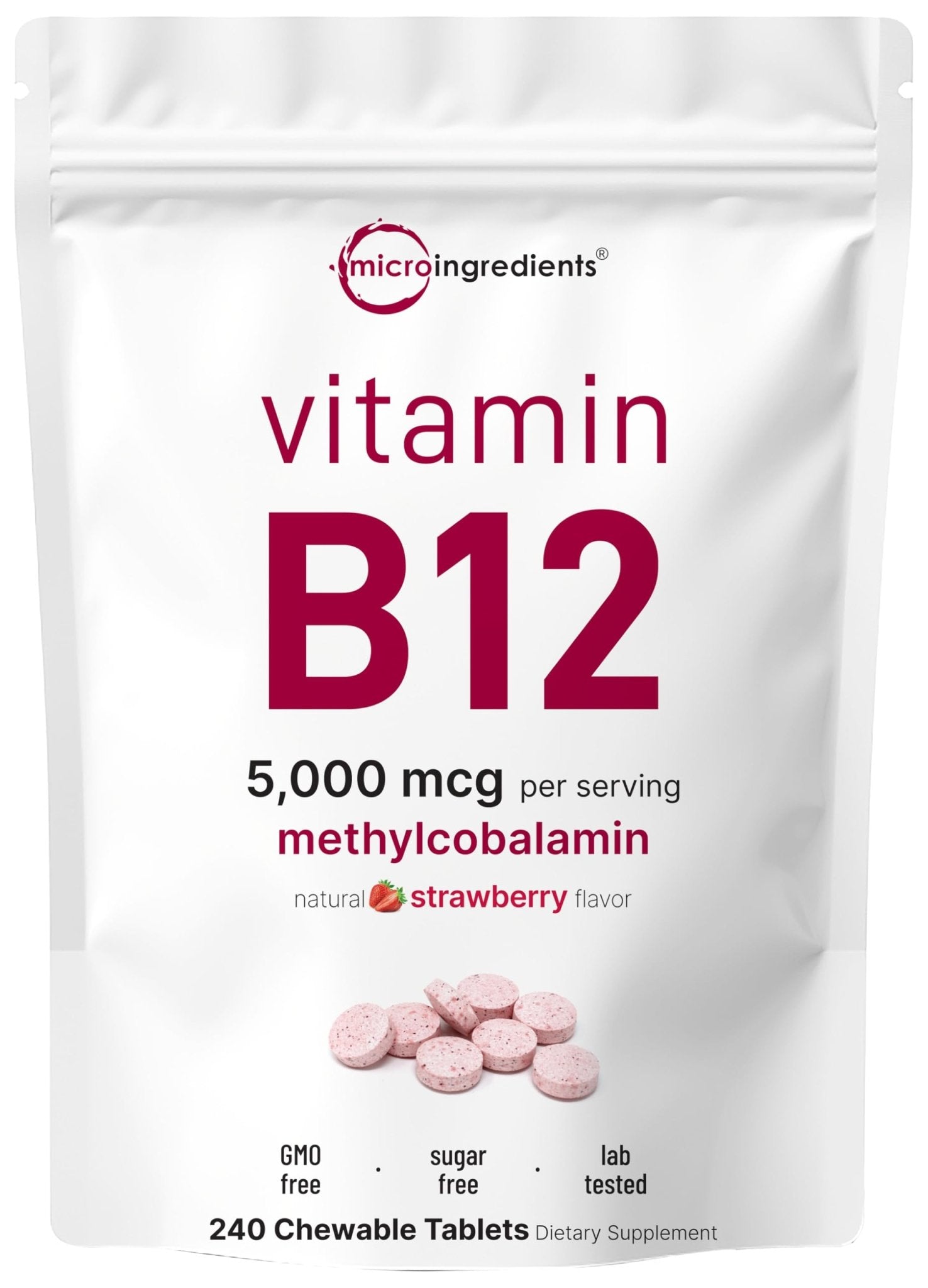 Micro Ingredients Vitamin B12 5,000 mcg | Methylcobalamin – 240 Chewable Tablets | Fast Dissolve, Natural Strawberry Flavor - PrimeBioHealth - canada supplements