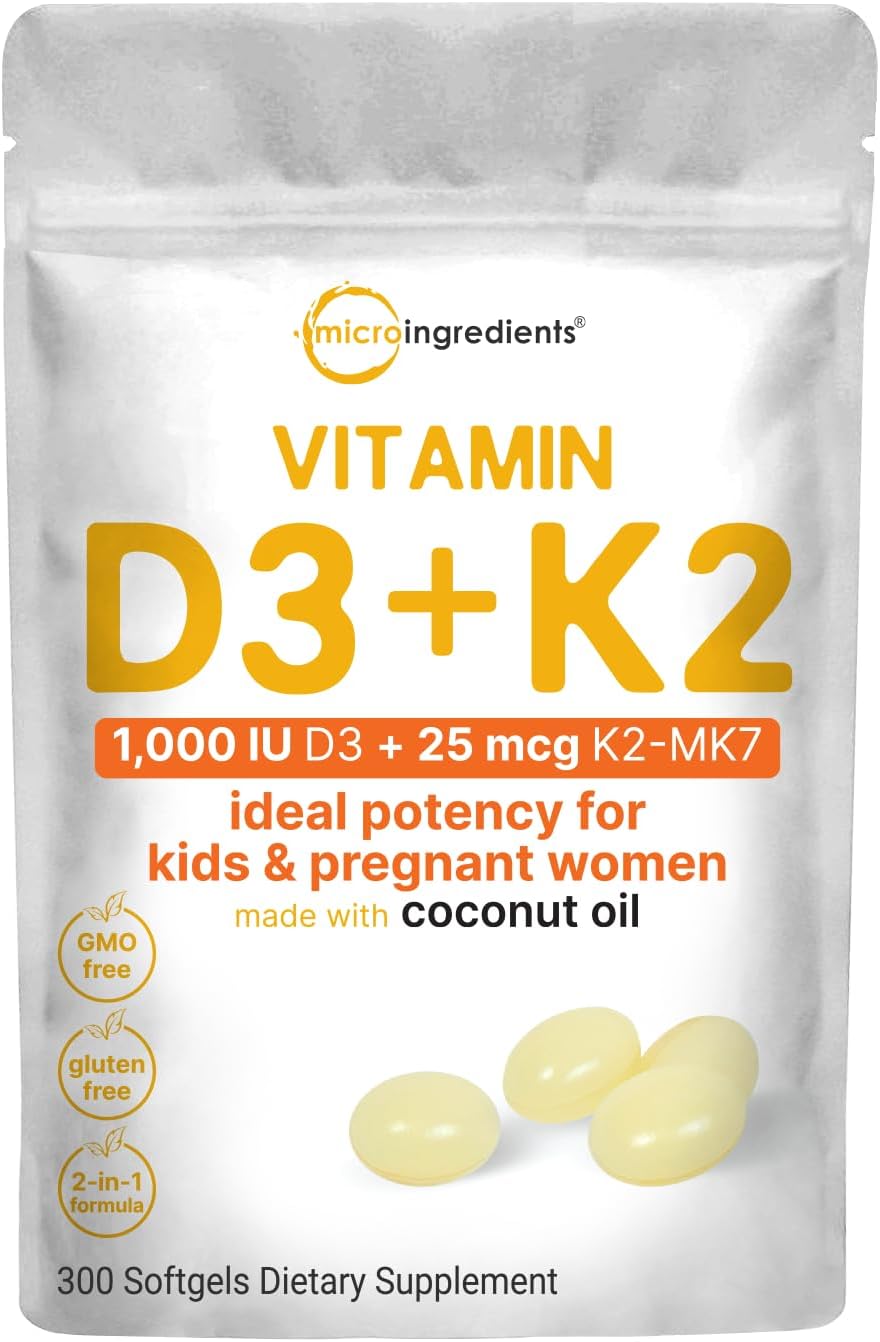Micro Ingredients Vitamin D3 1,000 IU + K2 MK-7 25 mcg, 300 Softgels | Virgin Coconut Oil | 2-in-1 Bone, Immune & Heart Support | Easy to Swallow, Non-GMO - PrimeBioHealth - canada supplements