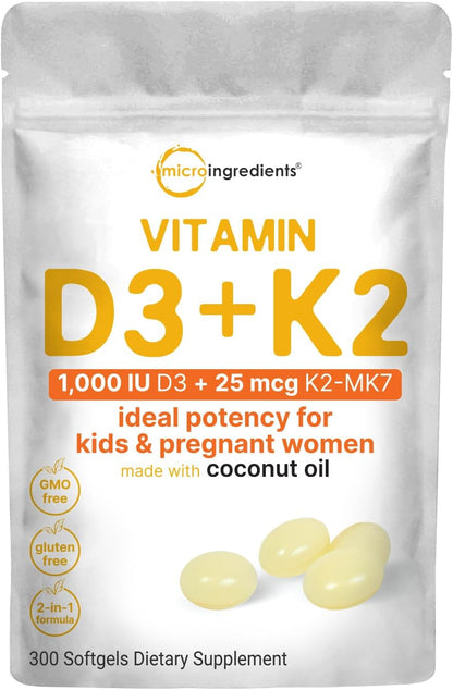 Micro Ingredients Vitamin D3 1,000 IU + K2 MK-7 25 mcg, 300 Softgels | Virgin Coconut Oil | 2-in-1 Bone, Immune & Heart Support | Easy to Swallow, Non-GMO - PrimeBioHealth - canada supplements