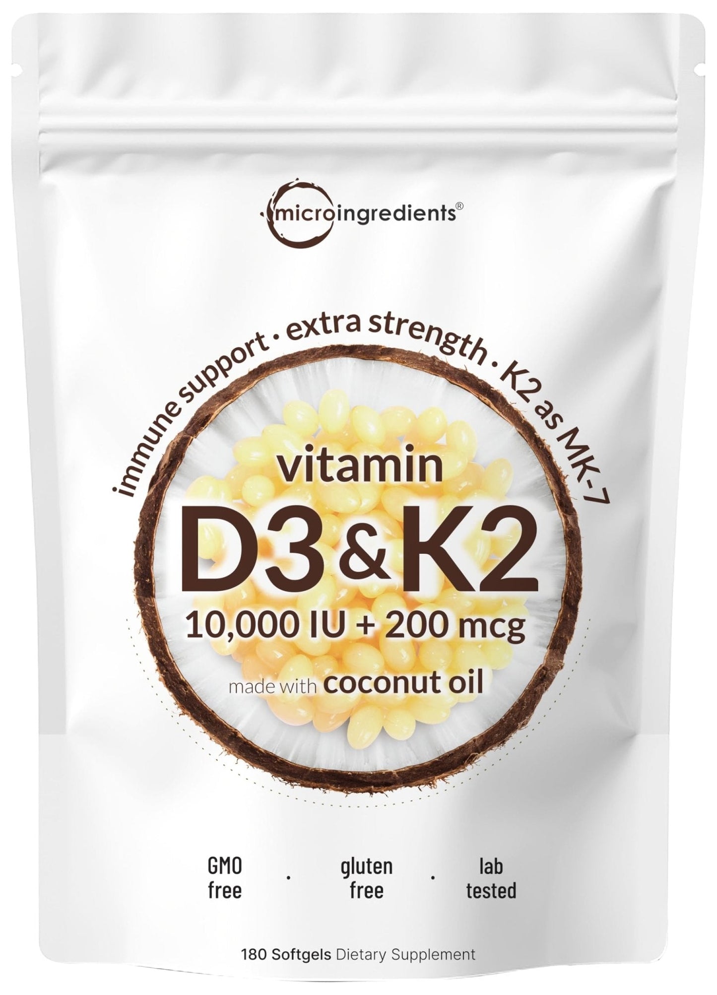 Micro Ingredients Vitamin D3 10,000 IU + K2 MK-7 200 mcg, 180 Softgels with Virgin Coconut Oil | 2-in-1 Vitamins D & K Complex - PrimeBioHealth - canada supplements