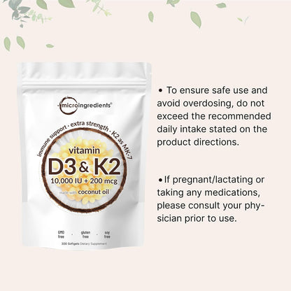 Micro Ingredients Vitamin D3 10,000 IU + K2 MK-7 200 mcg, 300 Softgels with Virgin Coconut Oil | 2-in-1 Vitamins D & K Complex | Extra Strength, Easy to Swallow, Non-GMO, Gluten Free - PrimeBioHealth - canada supplements