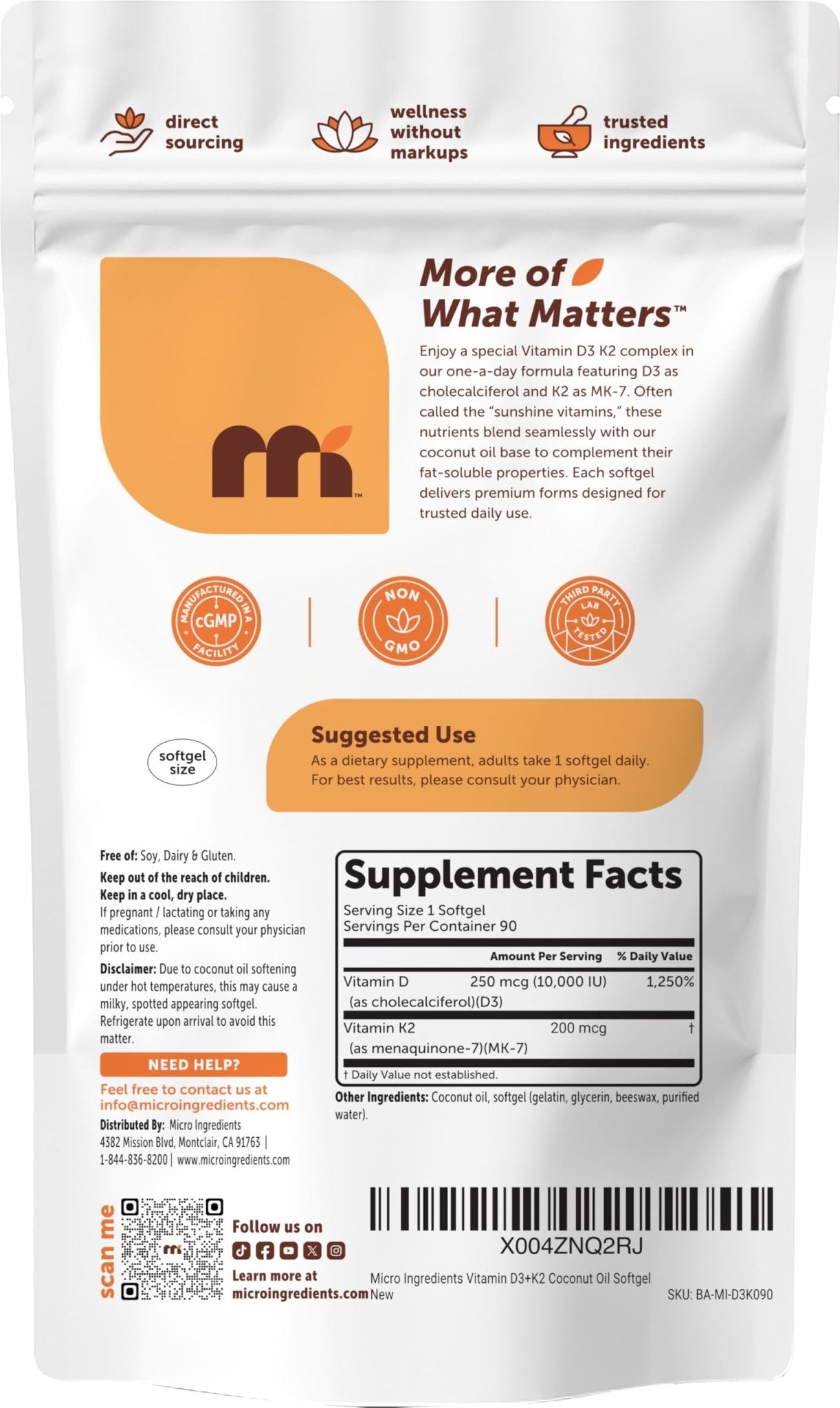 Micro Ingredients Vitamin D3 10,000 IU + K2 MK-7 200 mcg Per Serving, 90 Softgels | Extra Strength* 2-in-1 D3 K2 Supplement - PrimeBioHealth - canada supplements