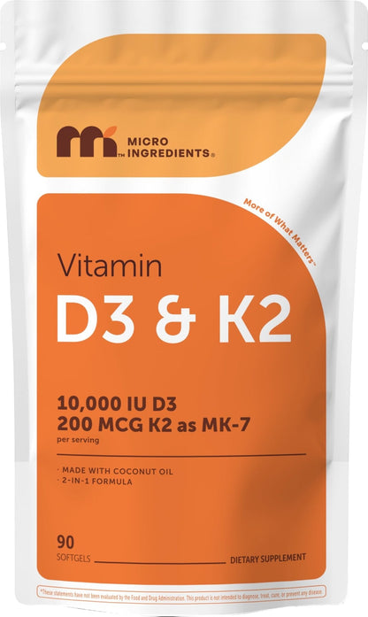 Micro Ingredients Vitamin D3 10,000 IU + K2 MK-7 200 mcg Per Serving, 90 Softgels | Extra Strength* 2-in-1 D3 K2 Supplement - PrimeBioHealth - canada supplements