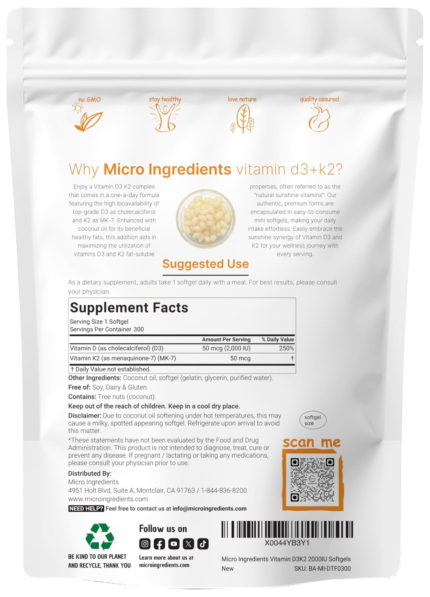 Micro Ingredients Vitamin D3 2,000 IU + K2 MK-7 50 mcg, 300 Softgels | Virgin Coconut Oil | 2-in-1 Support | Easy to Swallow, Non-GMO - PrimeBioHealth - canada supplements