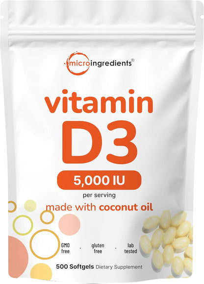Micro Ingredients Vitamin D3 5,000 IU, 500 Softgels | Virgin Coconut Oil | Cholecalciferol Form | Bone, Immune & Heart Support | Easy to Swallow, Non-GMO - PrimeBioHealth - canada supplements
