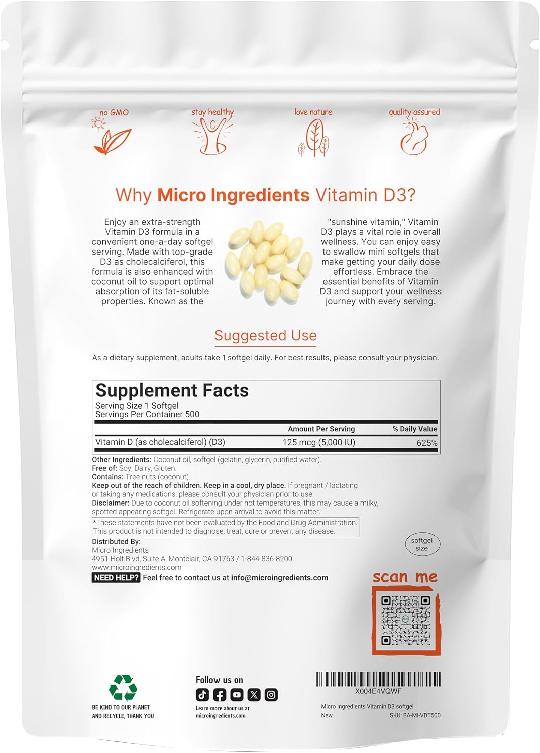 Micro Ingredients Vitamin D3 5,000 IU, 500 Softgels | Virgin Coconut Oil | Cholecalciferol Form | Bone, Immune & Heart Support | Easy to Swallow, Non-GMO - PrimeBioHealth - canada supplements
