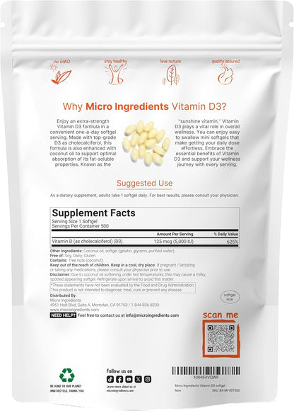 Micro Ingredients Vitamin D3 5,000 IU, 500 Softgels | Virgin Coconut Oil | Cholecalciferol Form | Bone, Immune & Heart Support | Easy to Swallow, Non-GMO - PrimeBioHealth - canada supplements