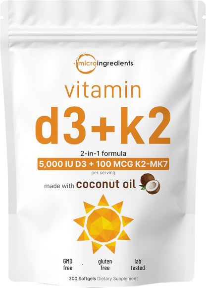 Micro Ingredients Vitamin D3 5,000 IU + K2 MK-7 100 mcg, 300 Softgels | Virgin Coconut Oil | 2-in-1 Support | Easy to Swallow, Non-GMO - PrimeBioHealth - canada supplements