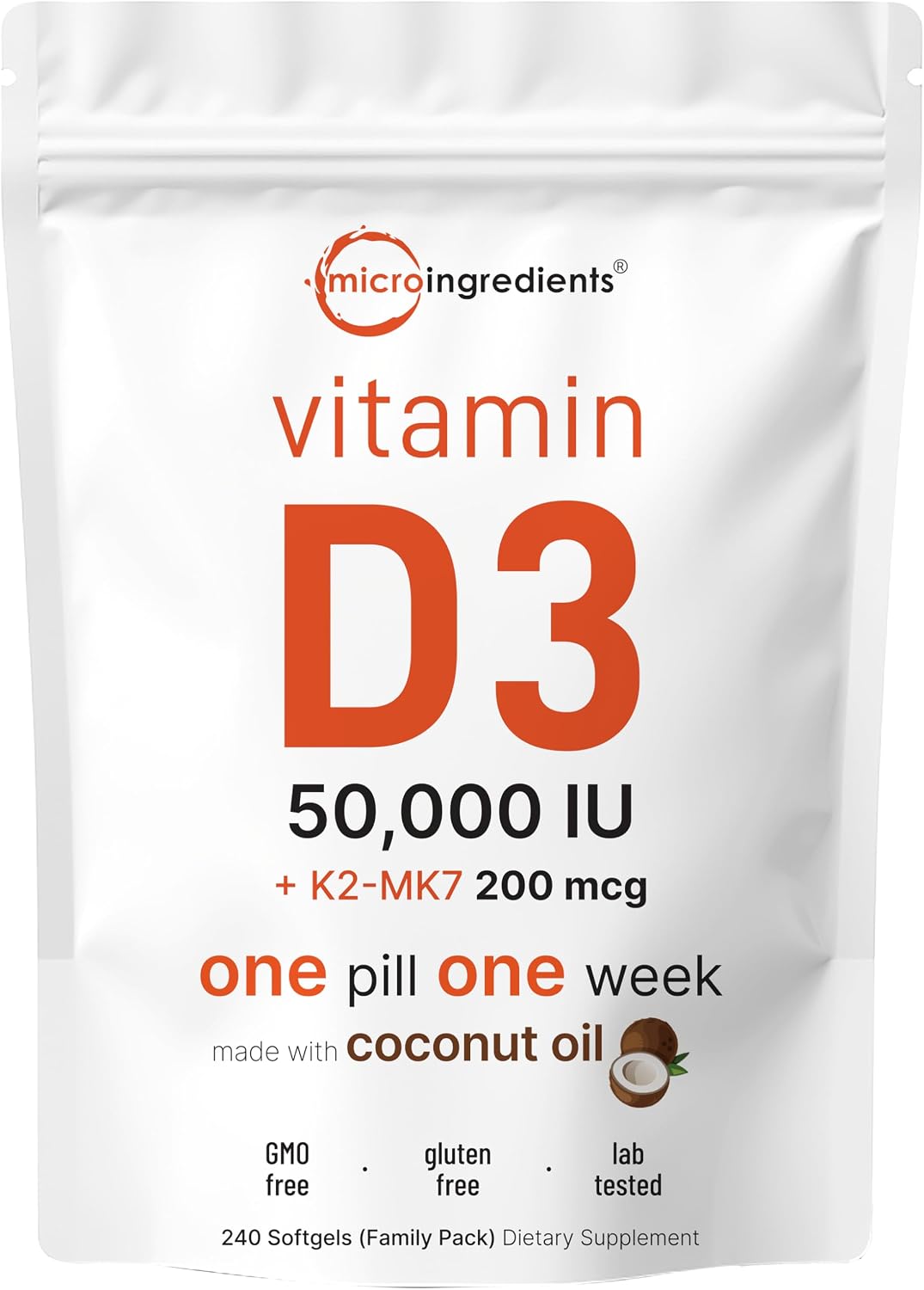 Micro Ingredients Vitamin D3 50,000 IU + K2 MK-7 200 mcg, 240 Softgels | Virgin Coconut Oil | 2-in-1 Support | Easy to Swallow, Non-GMO - PrimeBioHealth - canada supplements