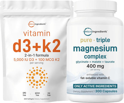 Micro Ingredients Vitamin D3 5,000iu + K2 100mcg Softgels & Pure Triple Magnesium Complex 400mg Capsules | 2 Pack Bundle | Essential D & K Sunshine Vitamins | Glycinate, Malate, & Taurate Forms - PrimeBioHealth - canada supplements